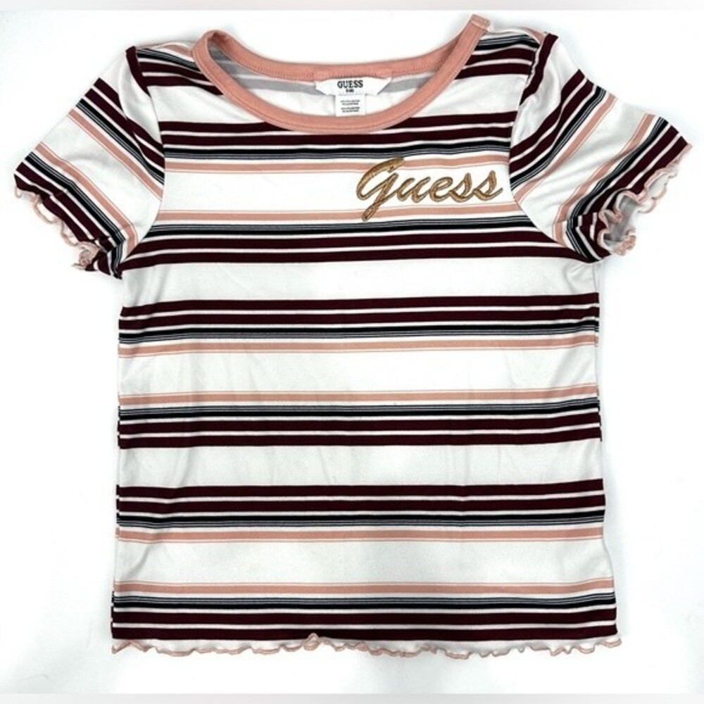 Guess Girls Striped Shirt Sz S 7-8 Pink, White, Burgundy, Black, Gold Ruffle